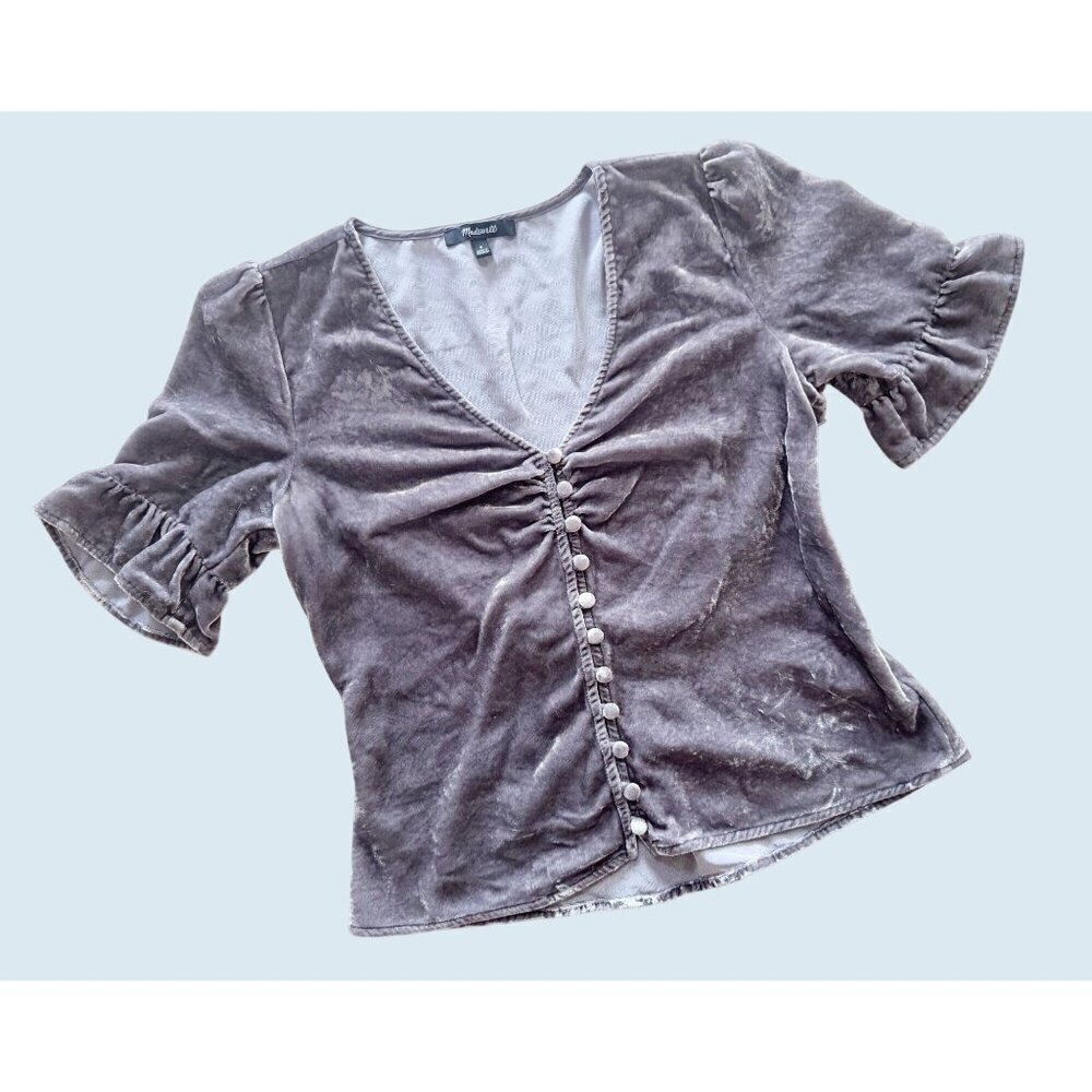 Madewell Velvet Button-Front Ruffle Sleeve Top - Mauve